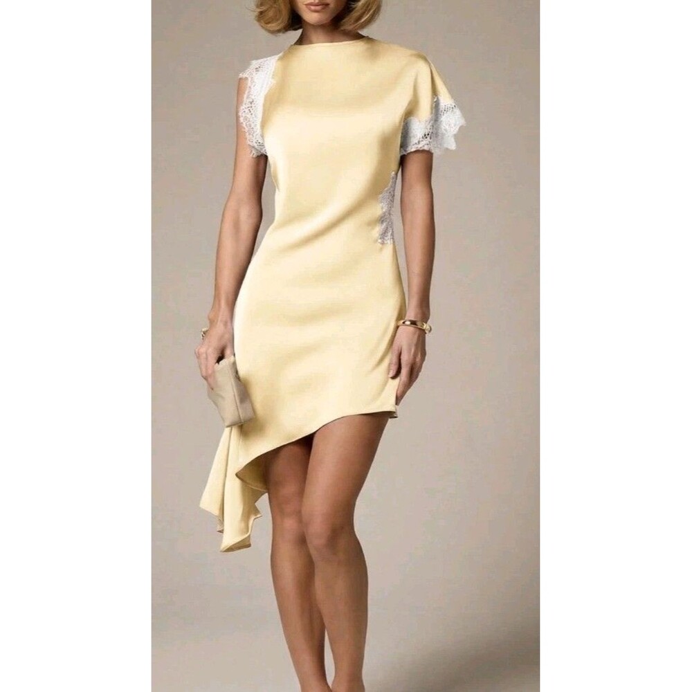 AiiRZ Asymmetrical Mini Dress Large Butter Yellow Lace Trim Waterfall Hem New